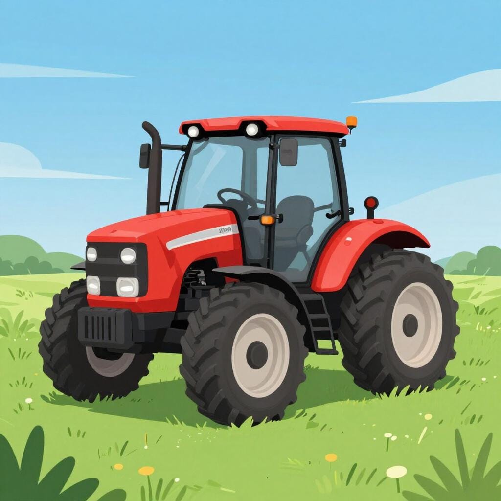 Een felrode landbouwtractor geparkeerd op een groen veld.