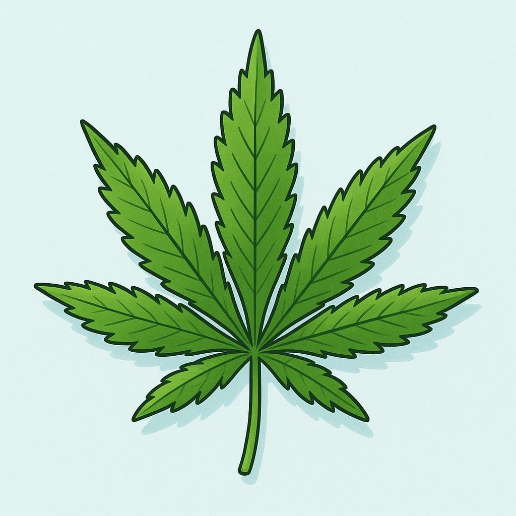 A brightly colored illustration of a single green cannabis leaf with seven pointed lobes.