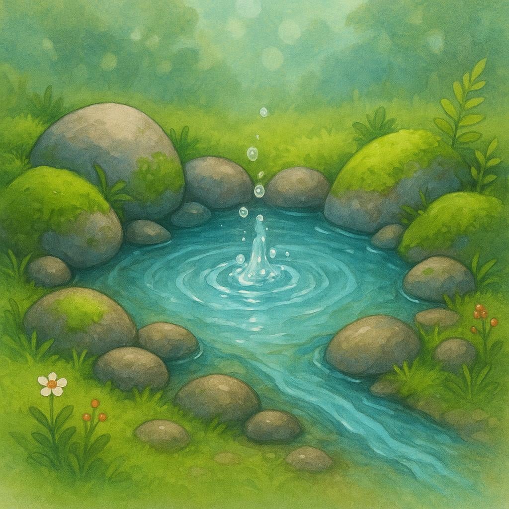 A tiny stream of water bubbling up from mossy rocks, illustrating the origin or source of a river.