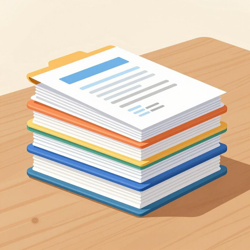 A stack of colorful folders and papers with charts and lines on a desk.