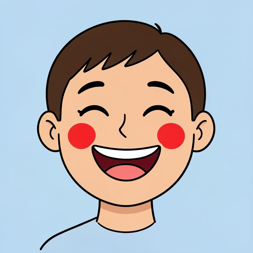 A person with a very bright, wide smile and rosy cheeks showing happiness.