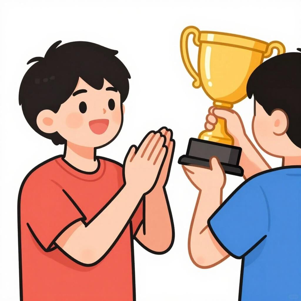 A smiling person clapping their hands and giving a thumbs up to a friend who is holding a gold trophy.