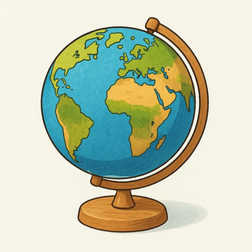 A miniature model of the Earth, showing green continents and blue oceans, mounted on a wooden stand.