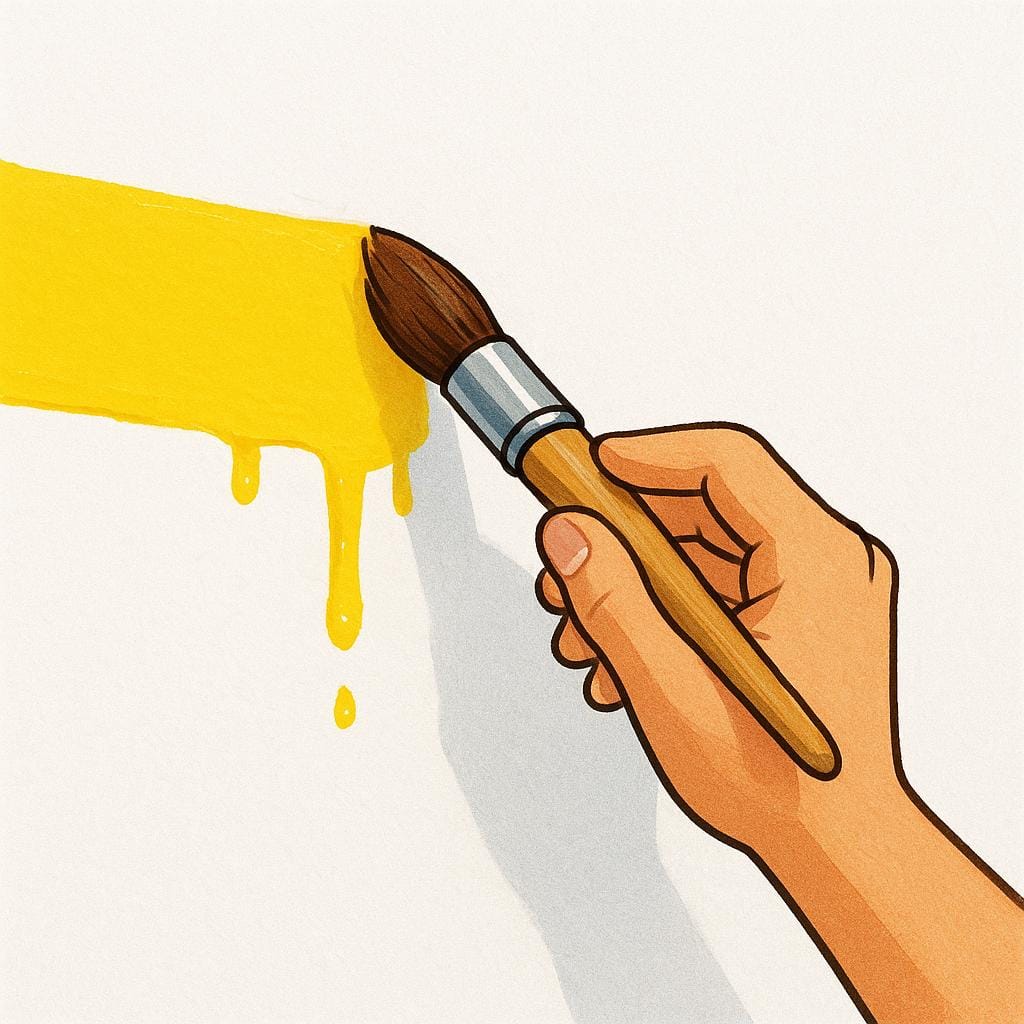 A hand holding a brush actively spreading bright yellow paint onto a clean white wall.