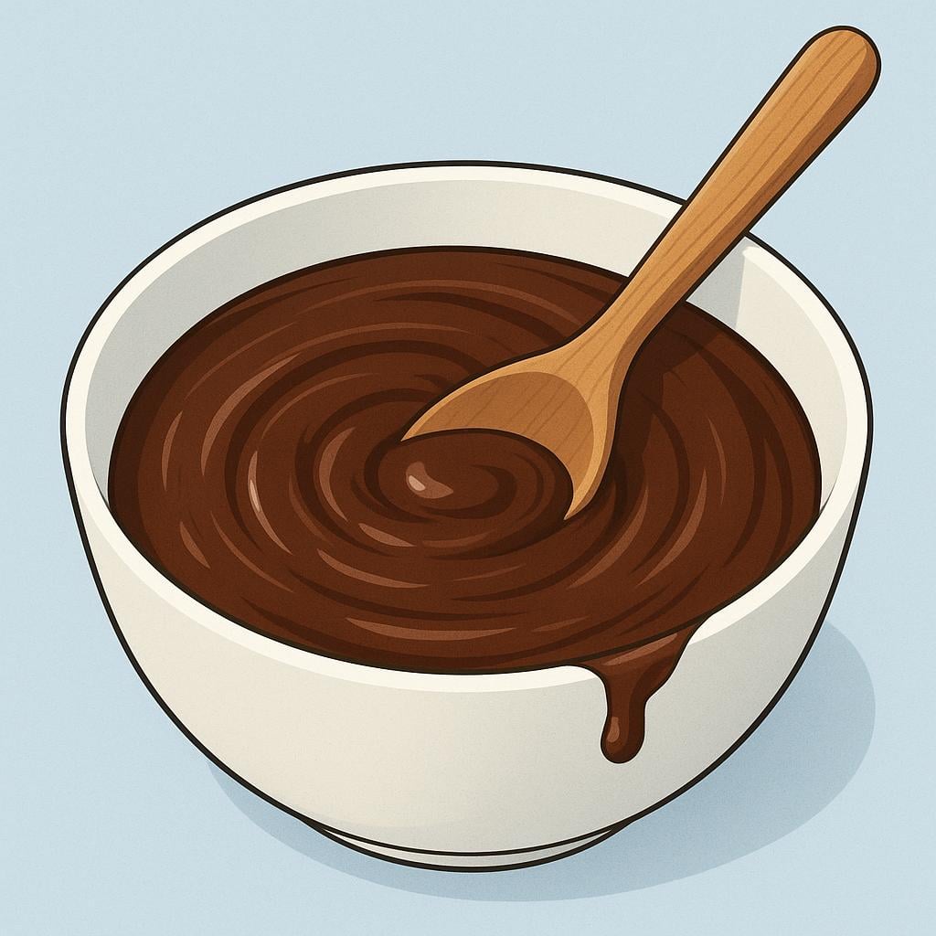 A wooden spoon vigorously stirring thick brown batter in a large white ceramic mixing bowl.