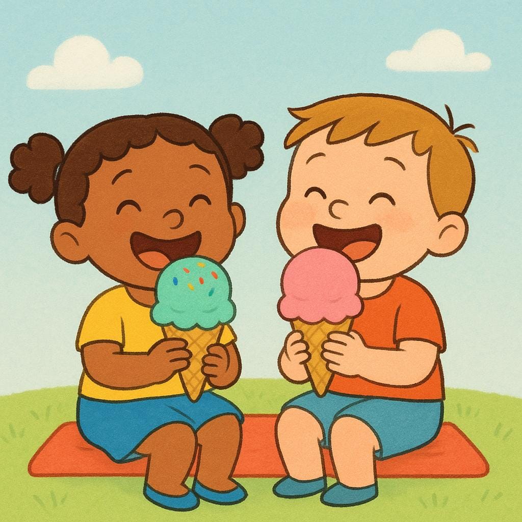 Two joyful children sitting down, each holding and eating a scoop of brightly colored ice cream, showing that their previous request was fulfilled.