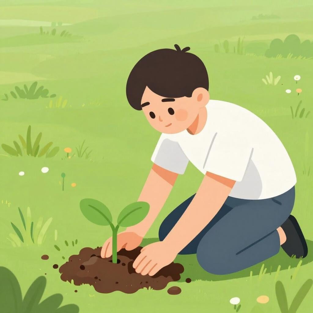A person kneeling in a garden, carefully planting a small tree while wearing a shirt with a heart symbol.