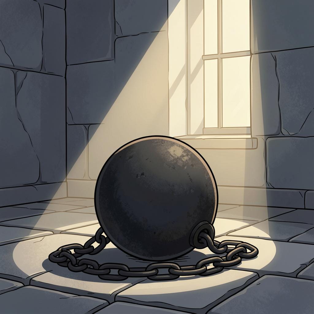 A heavy iron ball and chain resting on a stone floor inside a dim room with a small high window.