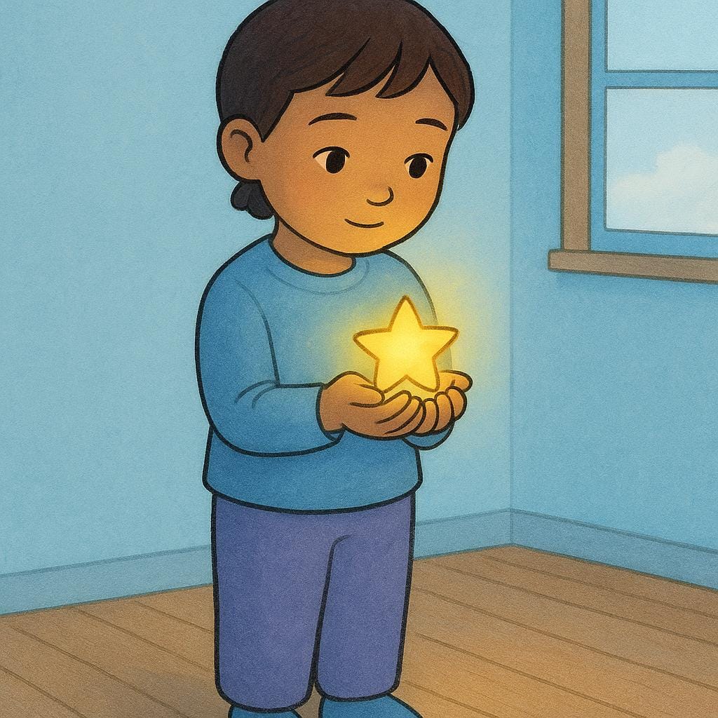 A child standing in a simple room, gently holding a small, glowing yellow star between their cupped hands, gazing at it with a look of deep conviction and trust.