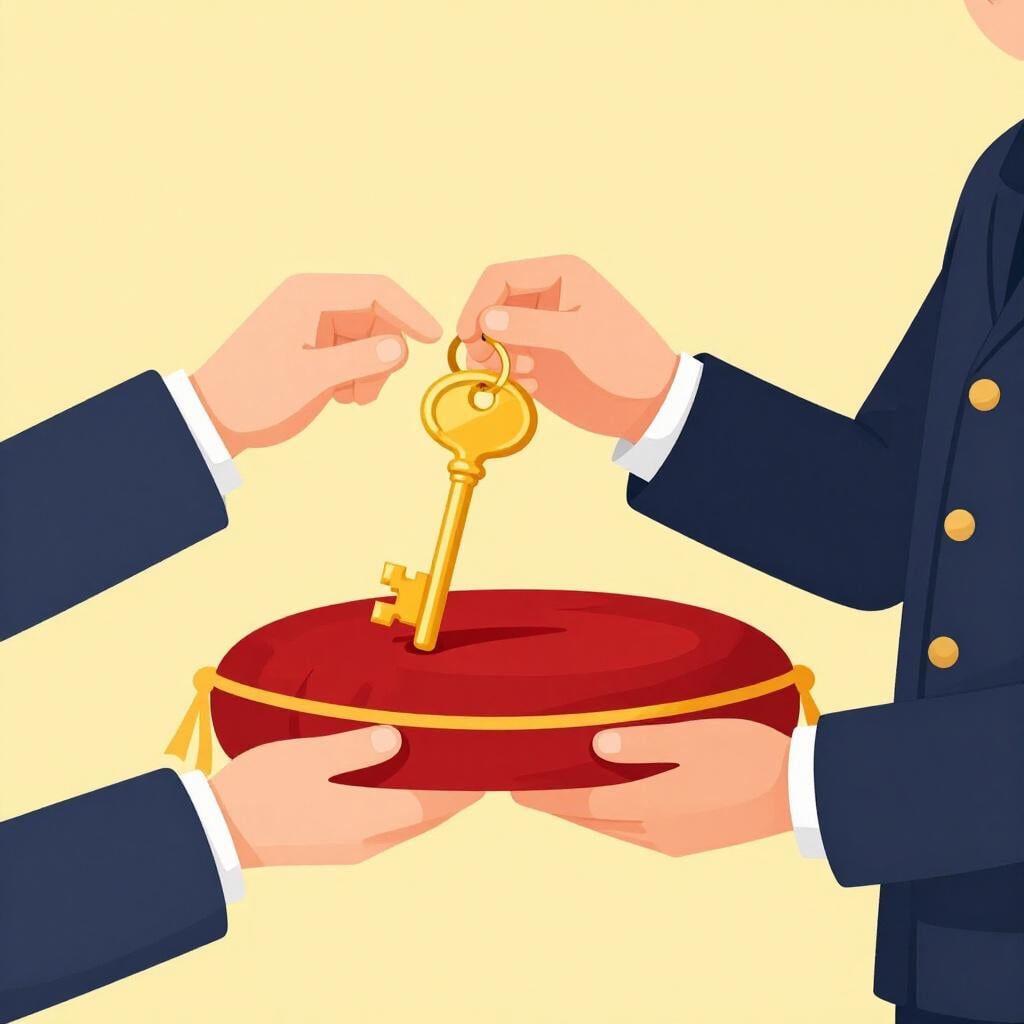 A person receiving a golden key on a velvet cushion from another person.
