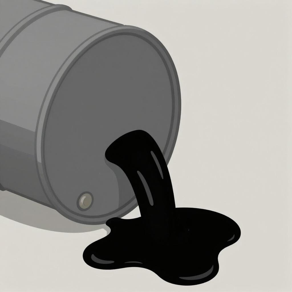 A thick, dark liquid pouring out of a metal barrel.