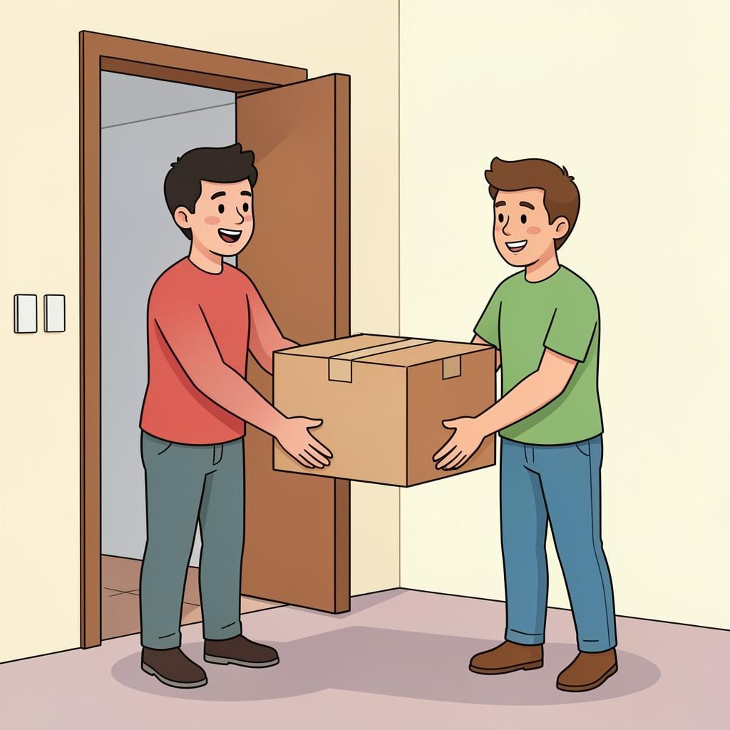 A person helping another person carry a heavy box into a house.
