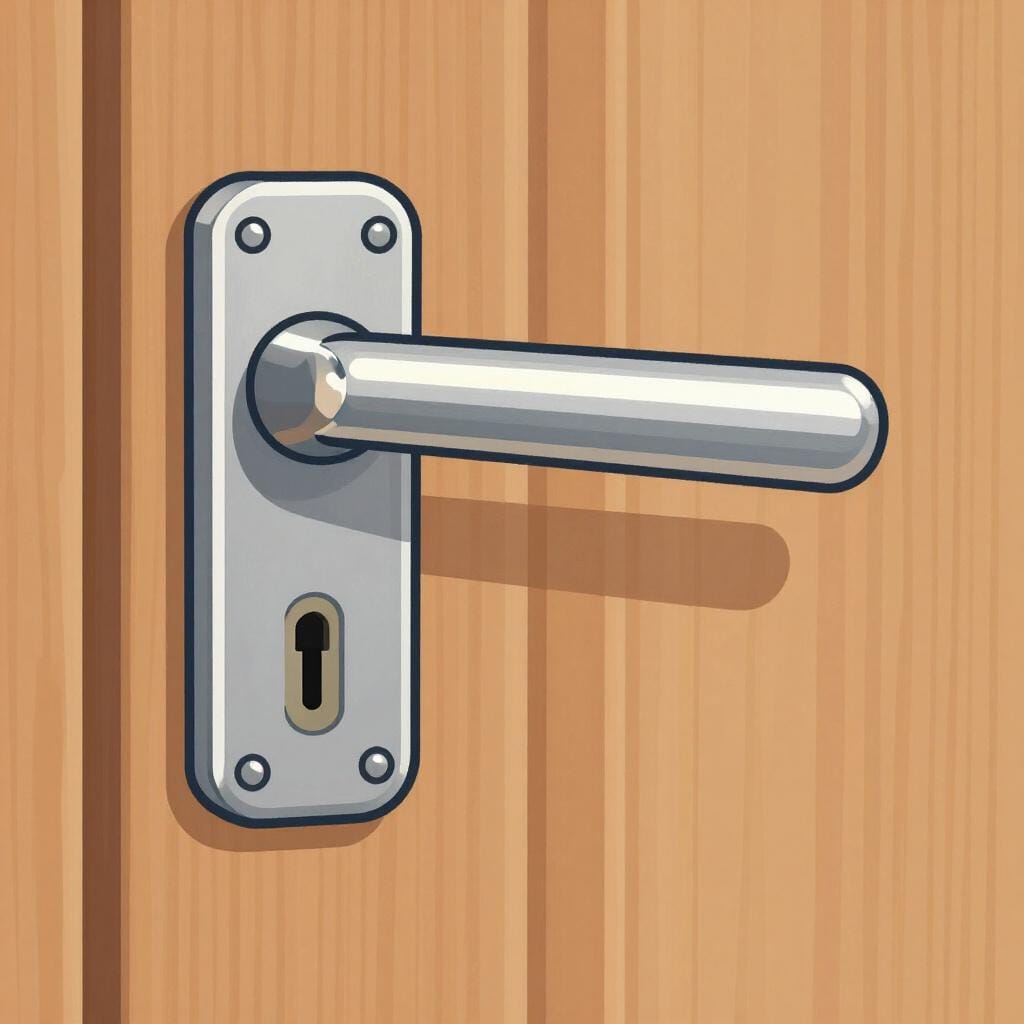 Un primo piano di una robusta maniglia di porta in metallo con un meccanismo a serratura.