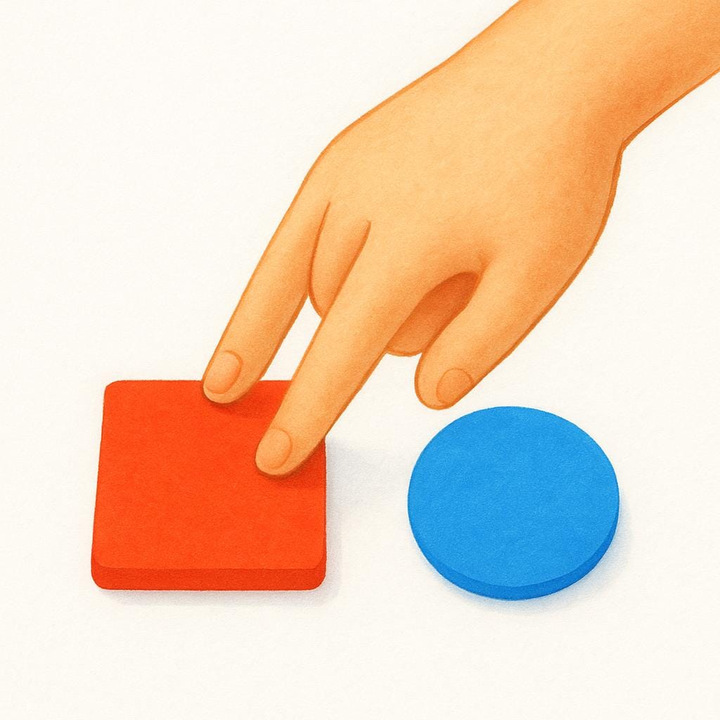 選択肢として隣接する明るい青色の円と、明るい赤色の四角をタップするために手を伸ばしている人の簡単なイラスト。