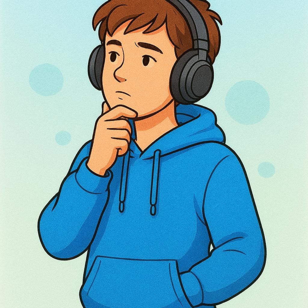 Eine junge Person, die wie ein Teenager aussieht, trägt einen Kapuzenpullover und Kopfhörer und blickt nachdenklich vor einem einfachen Hintergrund.