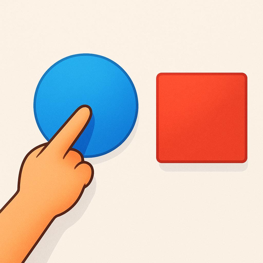 A hand reaching down toward a bright blue circle, positioned next to a red square, illustrating the concept of making a choice.