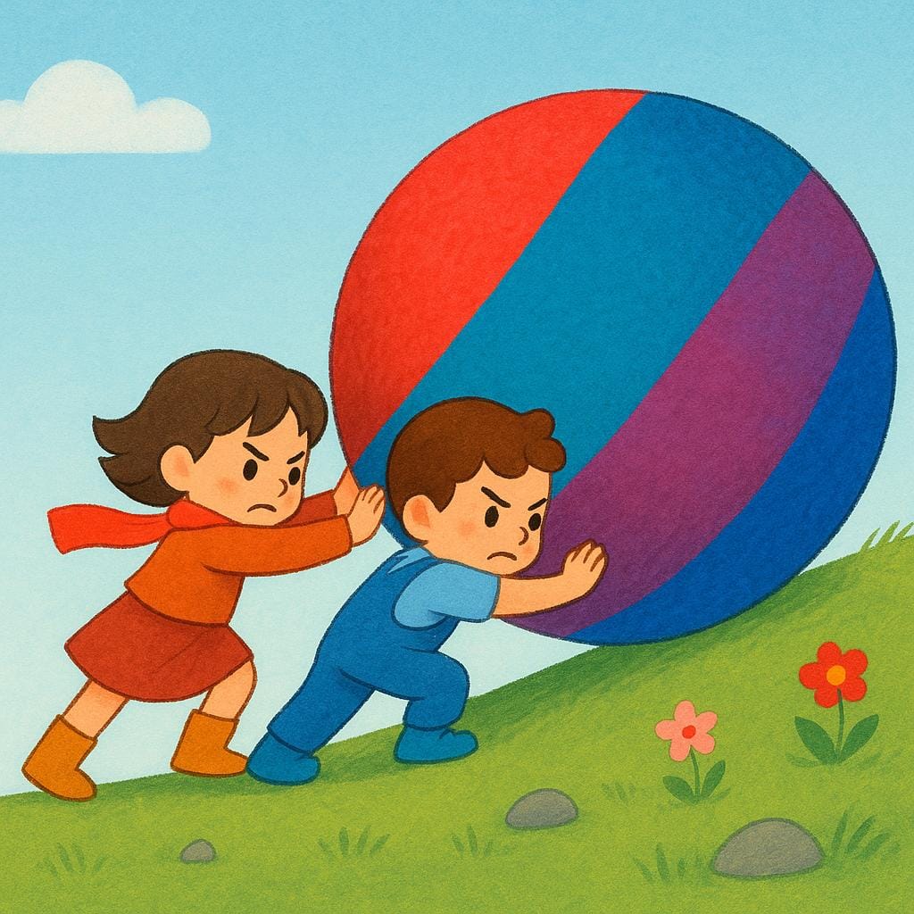 A colorful storybook illustration showing two small, determined characters, like cartoon animals, straining together to push a large, brightly colored boulder up a small hill, symbolizing the act of trying hard.