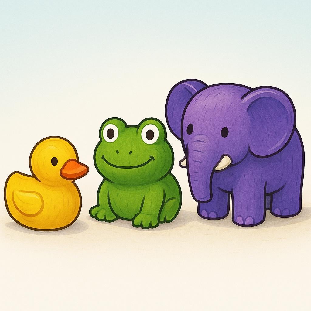 A collection of three small, distinctly shaped wooden toys—a yellow duck, a green frog, and a purple elephant—sitting together on a surface.