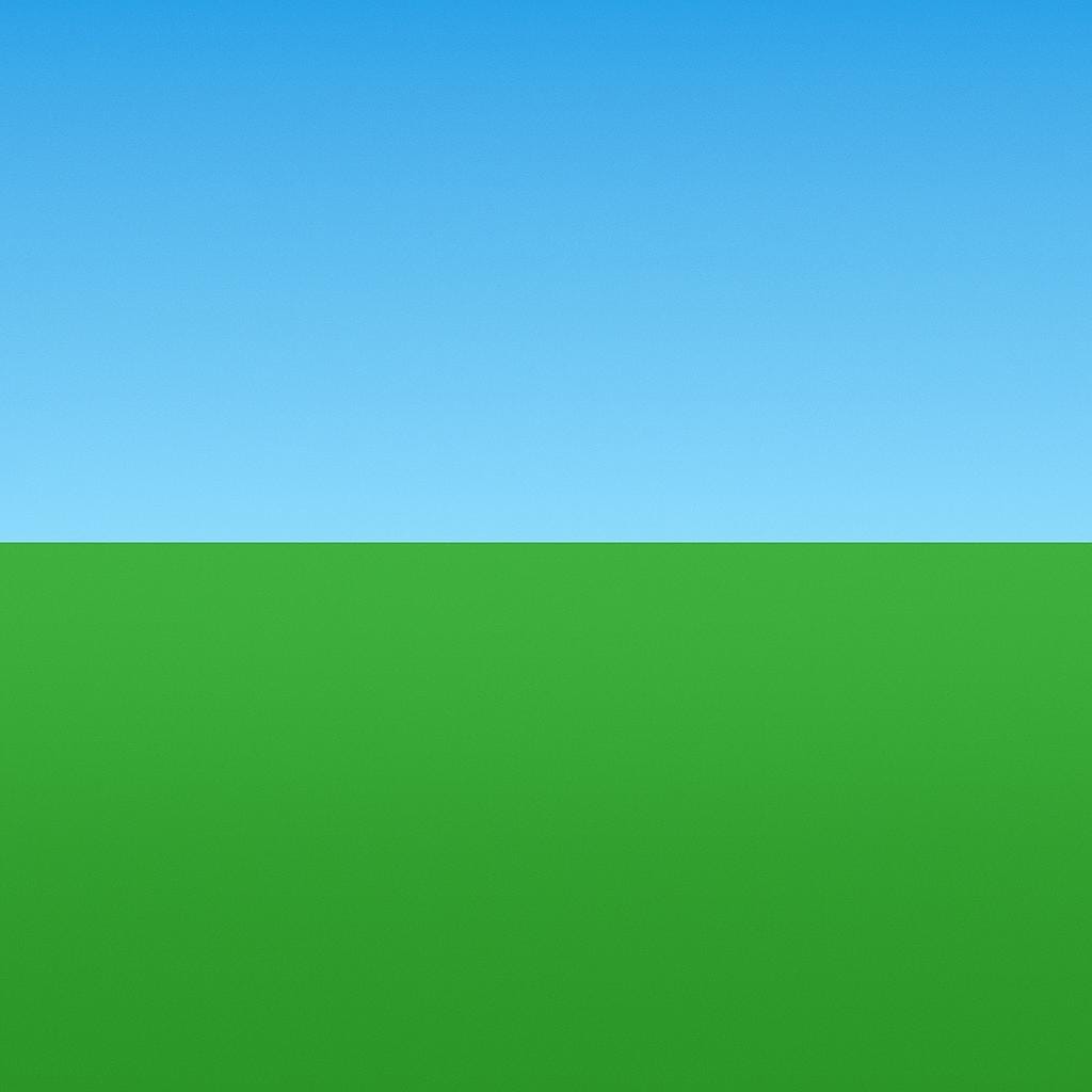A perfectly smooth, wide green field extending flatly to the horizon under a clear blue sky, emphasizing the level, two-dimensional nature of the surface.
