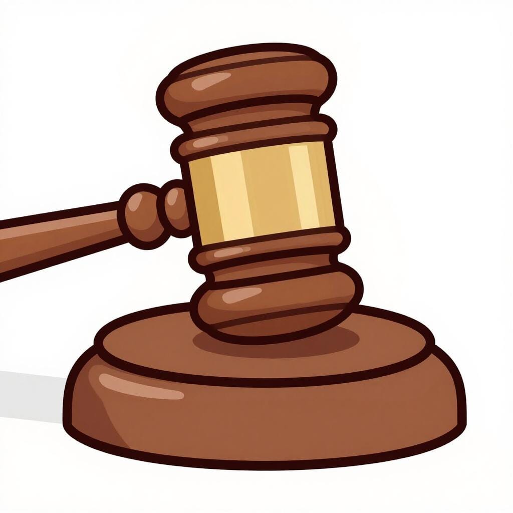 A wooden gavel resting on a solid block in a bright room.