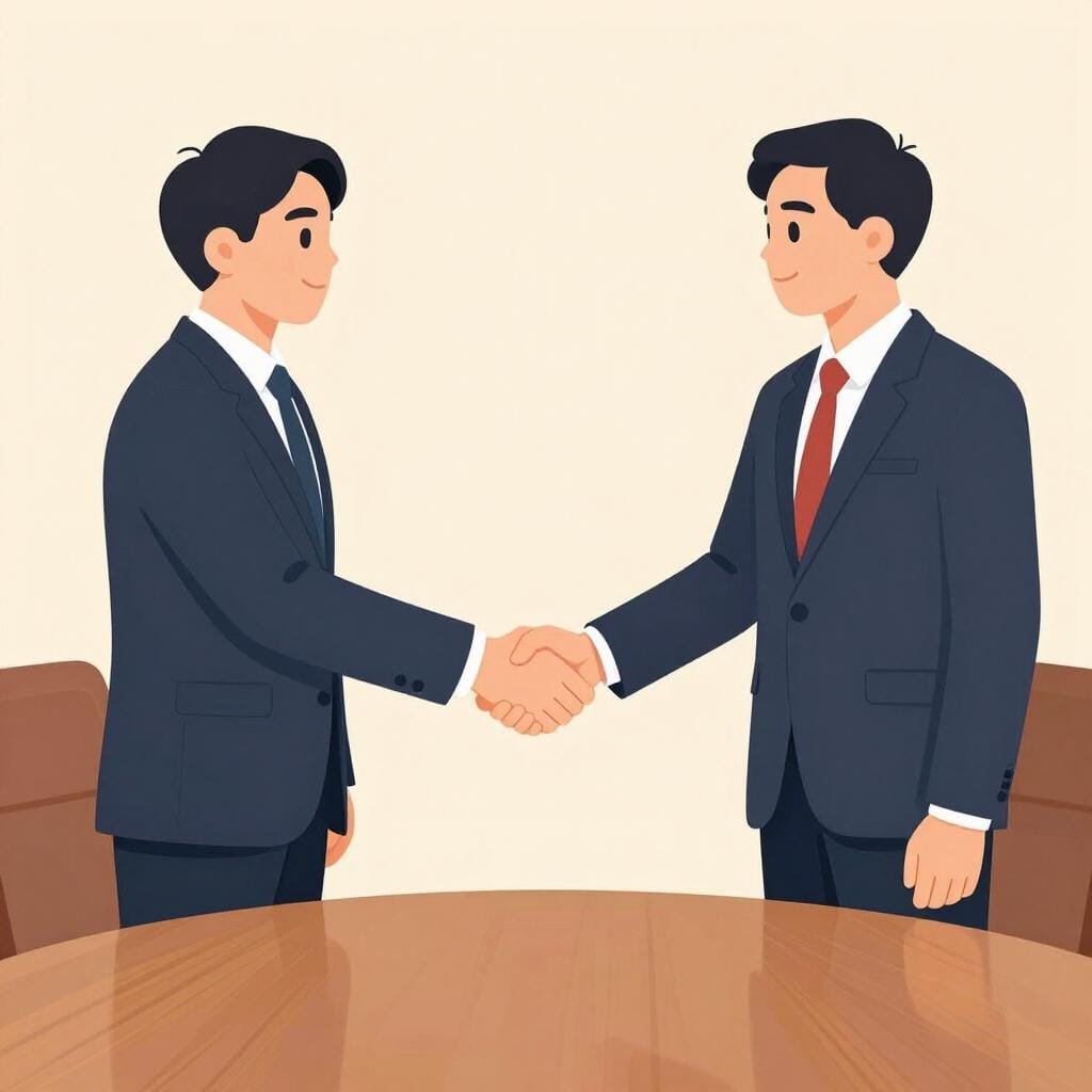 Two business people in suits shaking hands over a wooden table.