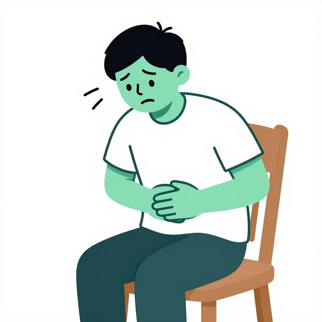 A person sitting on a chair holding their stomach with a green, sickly expression on their face.
