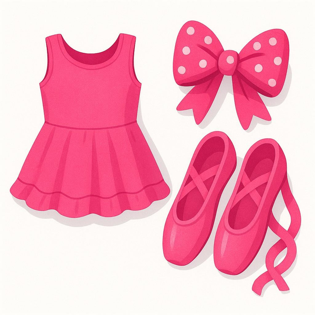 Three distinct, simple feminine objects—a ribbon, a dress, and a pair of ballet slippers—all colored bright pink.