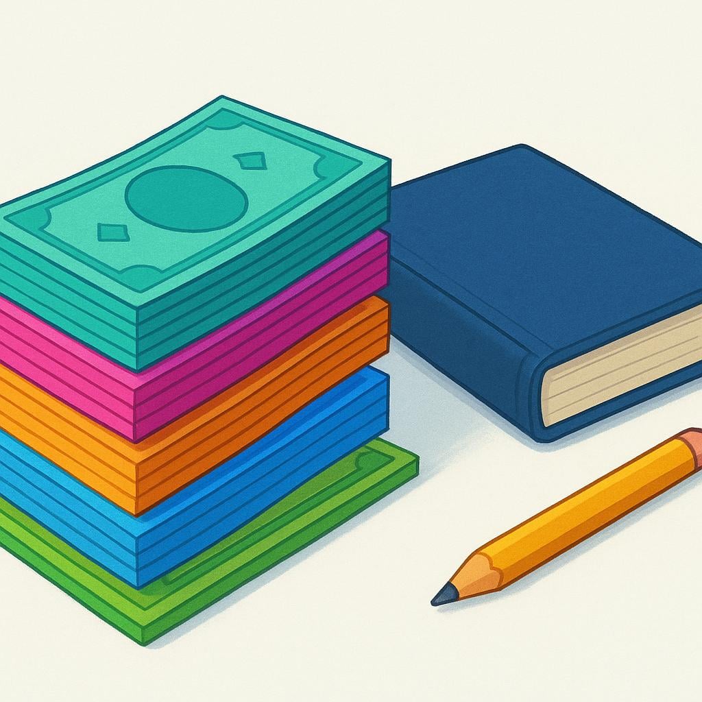 A tall stack of colorful paper money resting beside a closed red textbook and a pencil, symbolizing a fee paid for education.