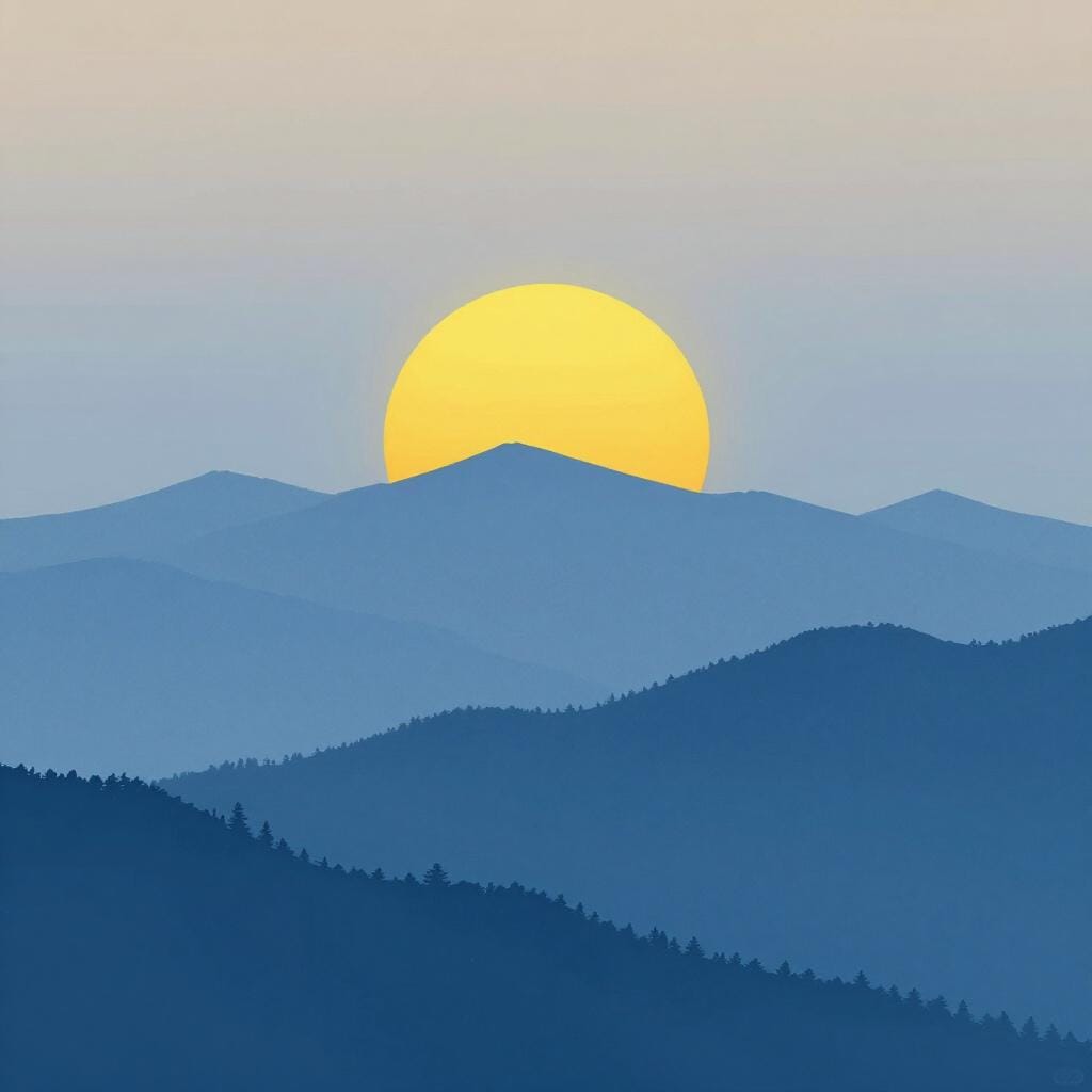 A bright yellow sun peeking over the top of a blue mountain range during sunrise, signifying a specific moment in time.