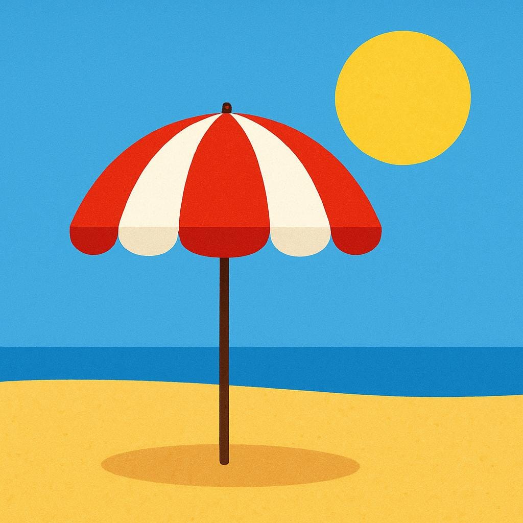Une illustration simple et colorée représentant un grand parasol de plage rayé rouge et blanc planté dans du sable doré, vivement éclairé par un grand soleil jaune dans le ciel.