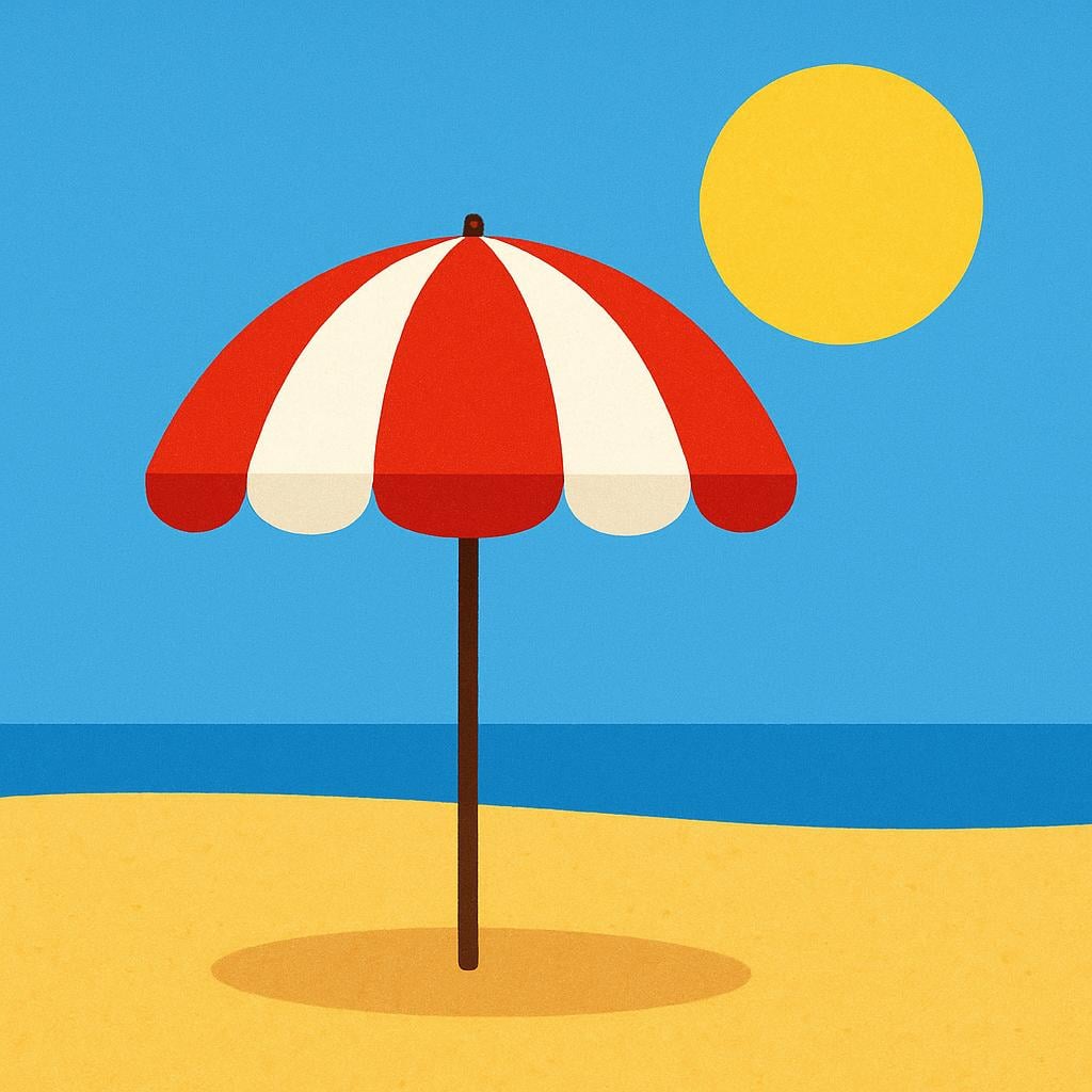 A simple, colorful illustration featuring a large red and white striped beach umbrella planted in golden sand, brightly lit by a large yellow sun in the sky.