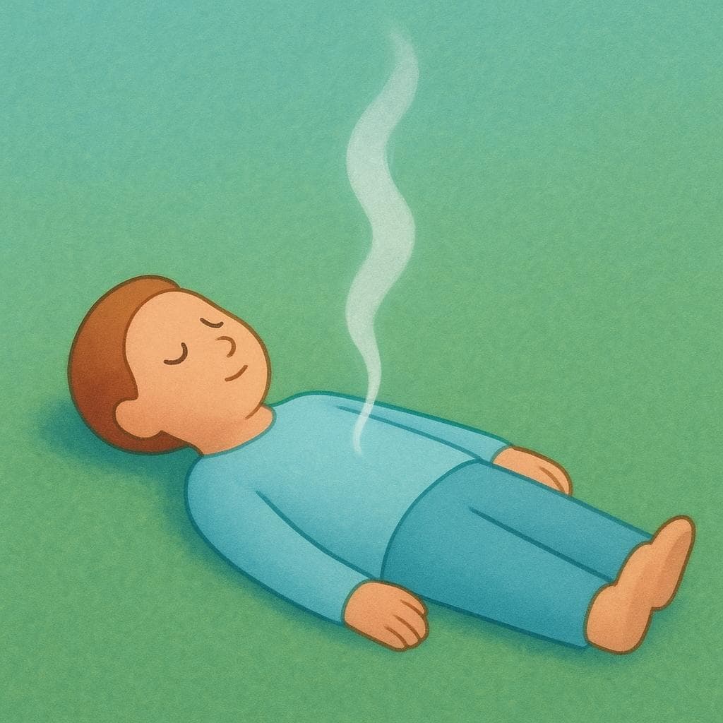 Une figure de dessin animé simple et stylisée est allongée sans bouger sur une surface verte et douce. Une forme blanche, faible et vaporeuse, symbolisant l'esprit ou l'essence, s'élève doucement de la poitrine de la figure.