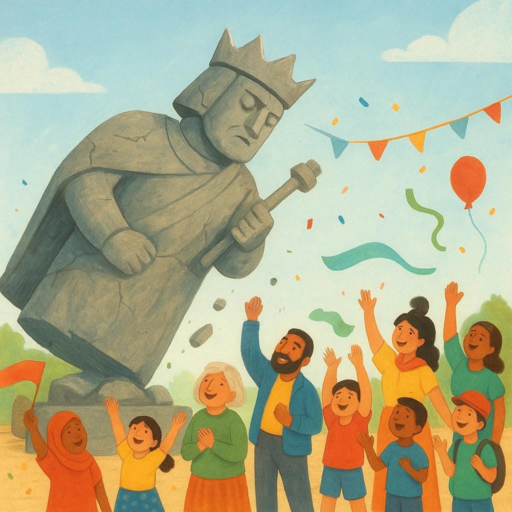 Uma ilustração de livro de histórias mostrando uma grande estátua rachada de um antigo governante caindo, simbolizando revolução política e mudança social, enquanto uma multidão de pessoas diversas comemora abaixo.