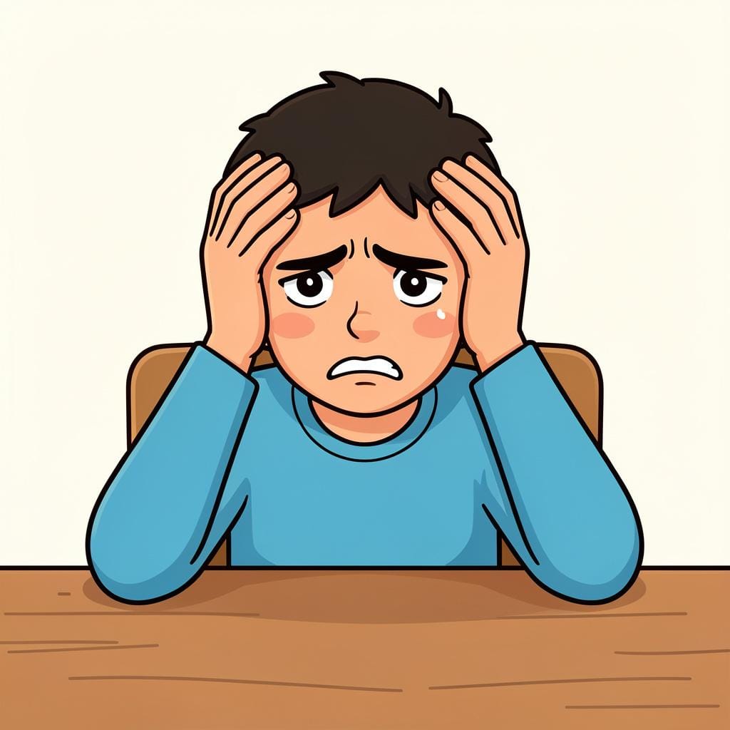 A person with a frustrated expression holding their head with their hands.