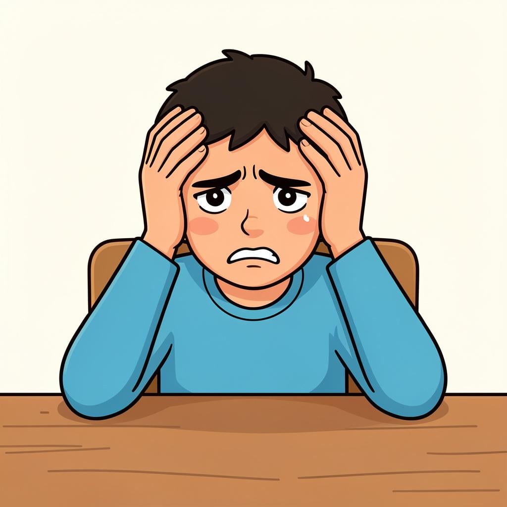 A person with a frustrated expression holding their head with their hands.