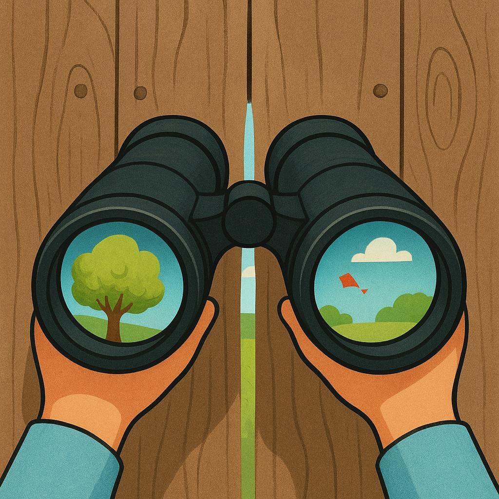 A close-up view of a pair of large binoculars peeking through a gap in a rustic wooden fence, illustrating the act of secret observation.