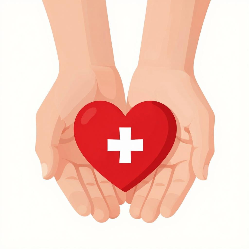 A red heart with a medical cross on it, held gently by two hands to symbolize organ or blood donation.