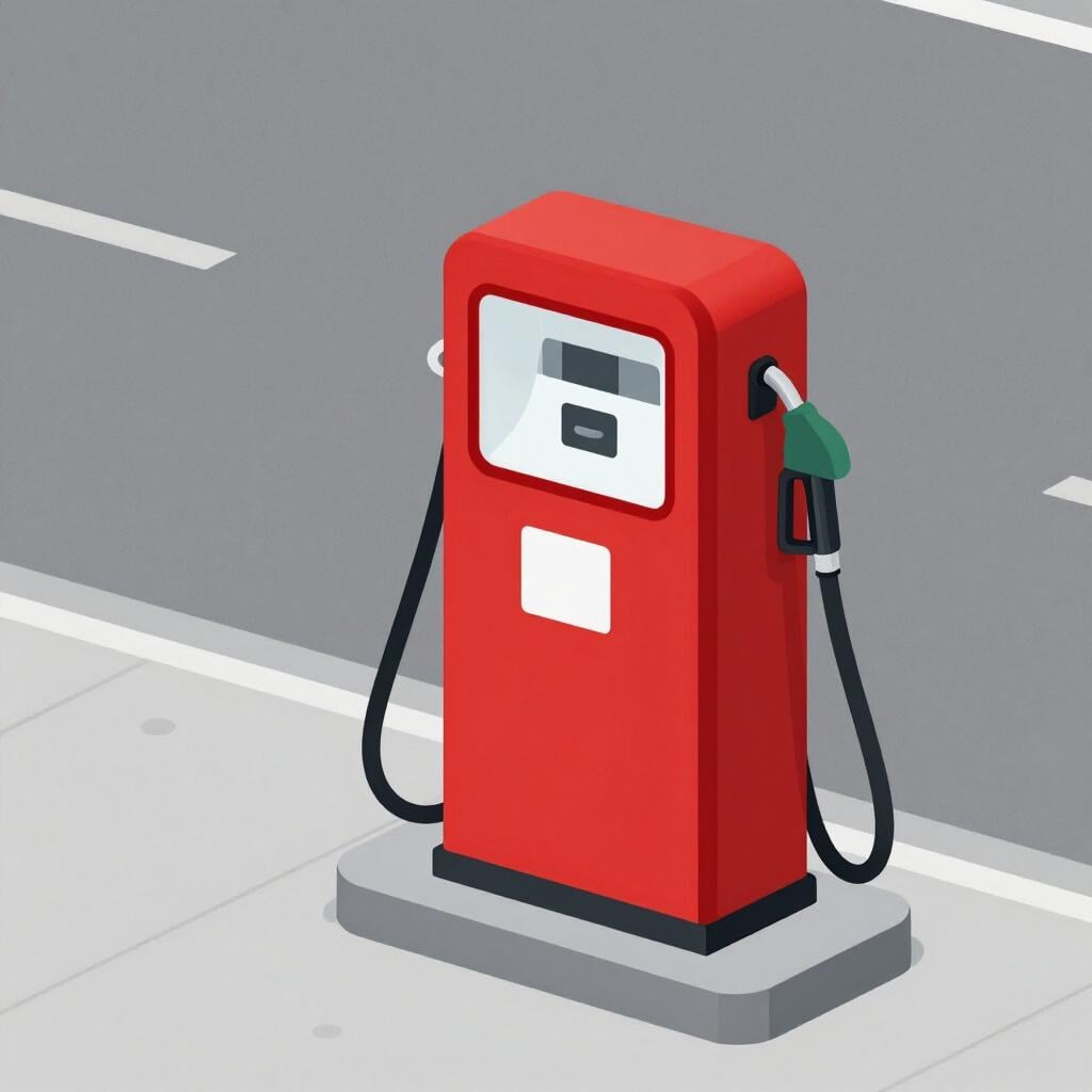 A colorful gas pump with a black hose and nozzle.