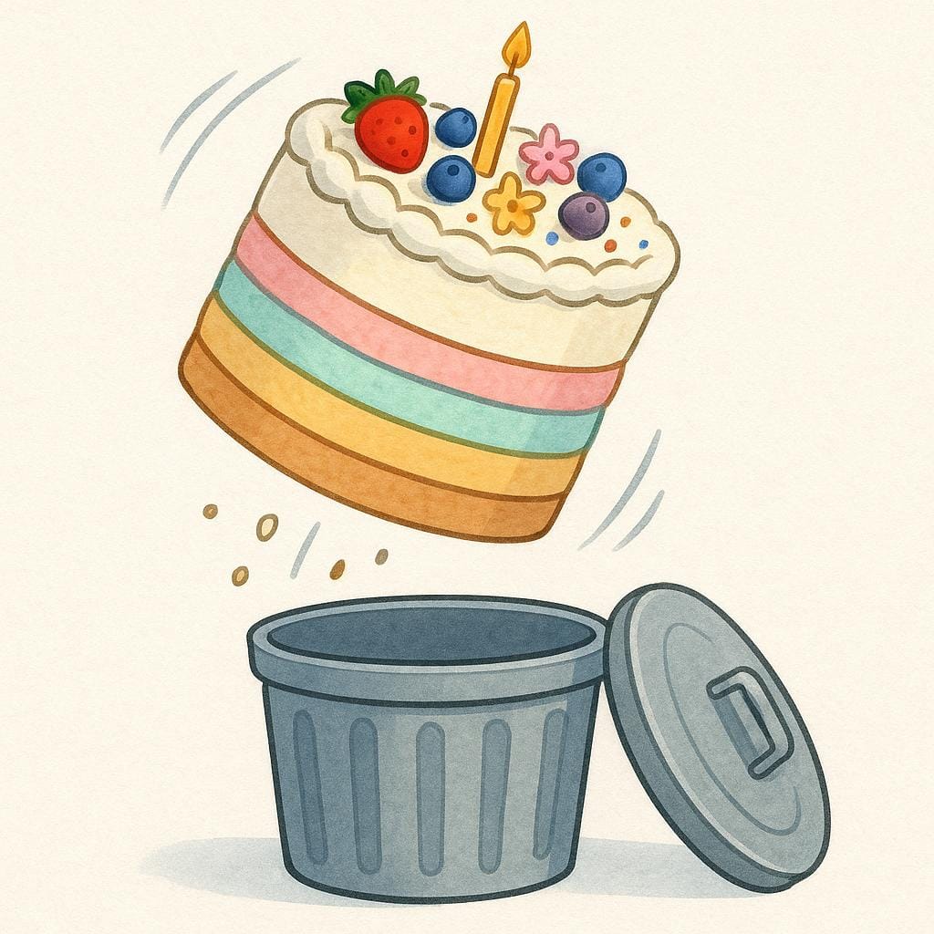 A perfectly prepared, colorful layer cake is falling into a dark, empty wastebasket, illustrating the concept of waste or a shame.