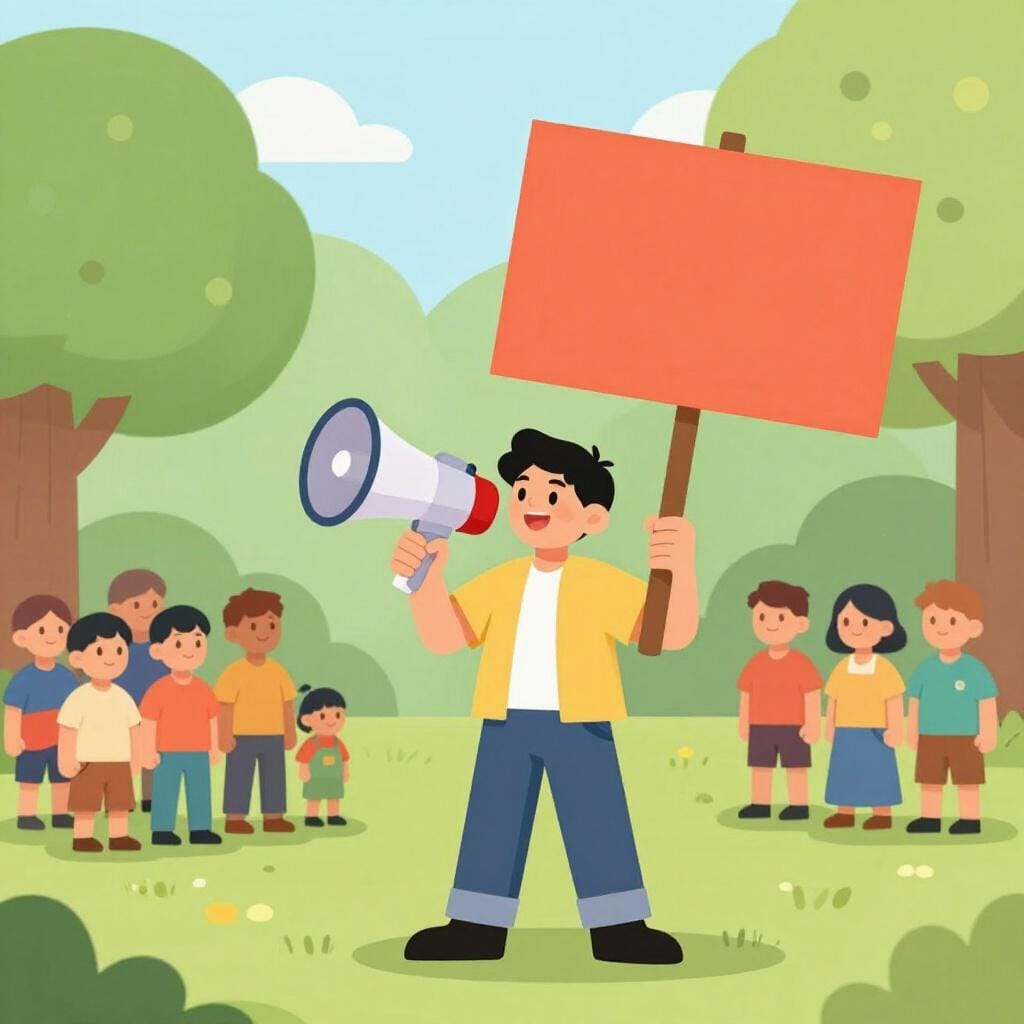 A person standing on a small platform holding a megaphone and a hand-painted sign, addressing a small, diverse group of people in a park.