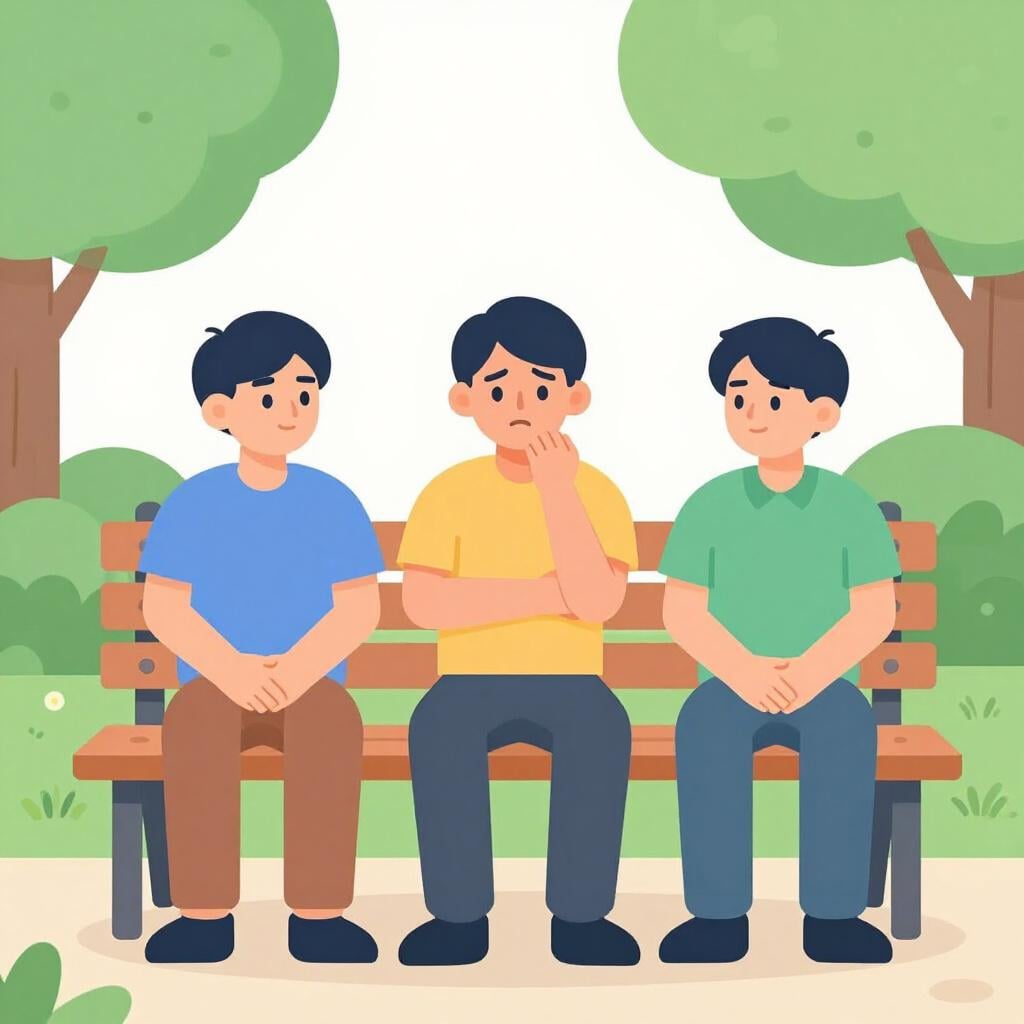 Drei Personen sitzen auf einer Parkbank und schauen sich mit verwirrten und romantischen Ausdrücken an.