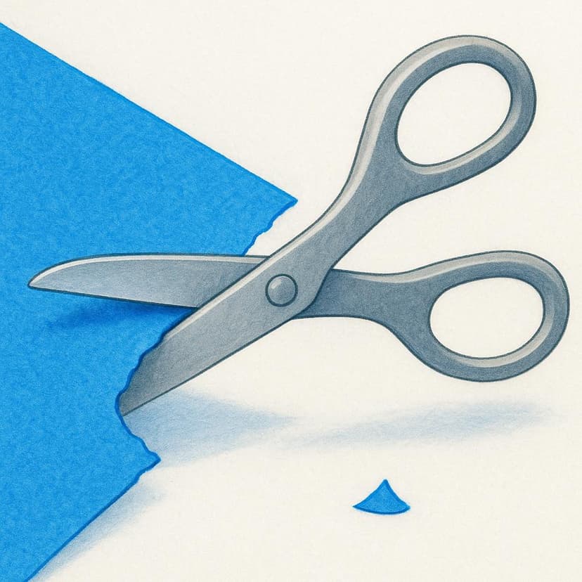 A close-up view of a hand holding a pair of silver scissors actively cutting a piece of blue paper.