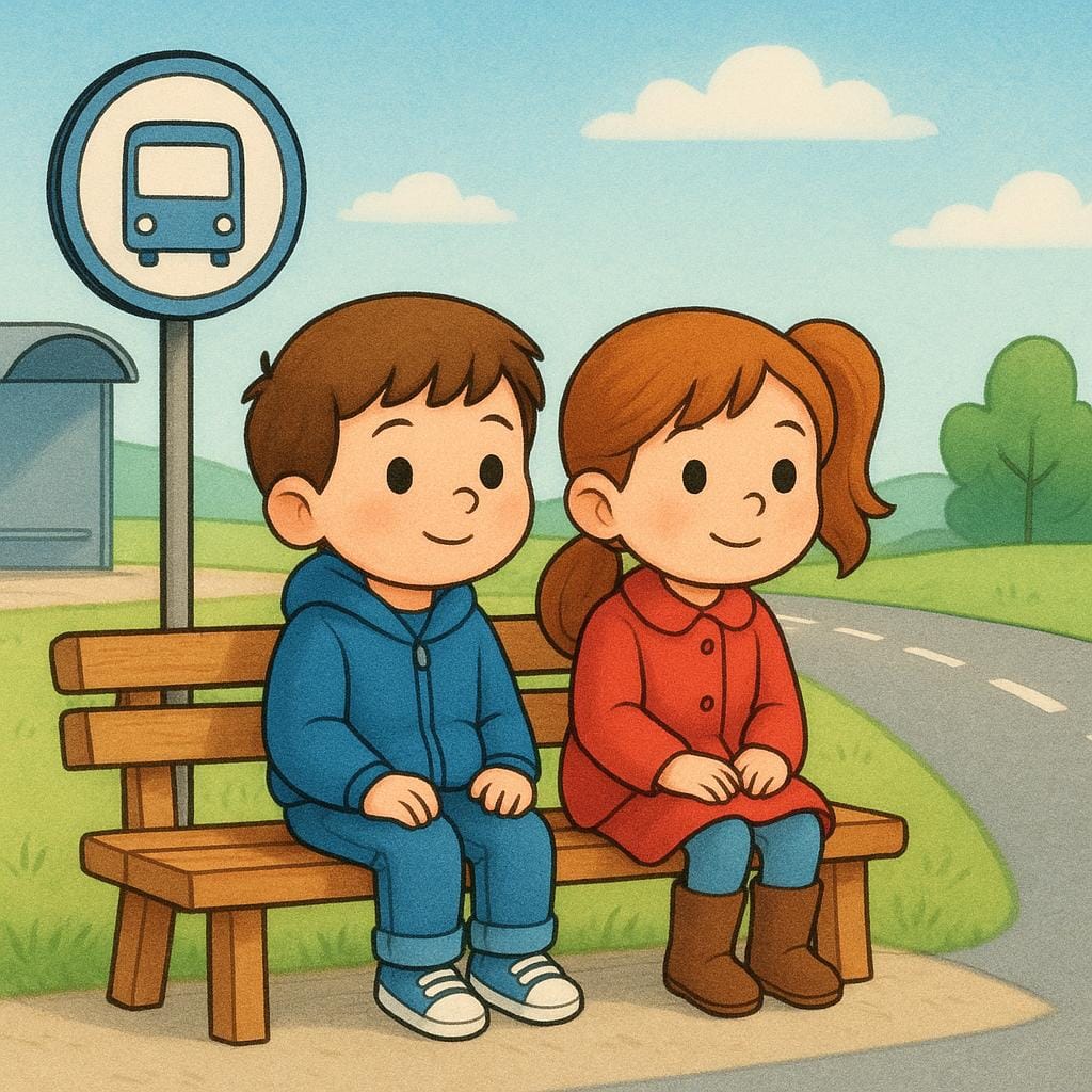 Two cartoon children sitting side-by-side on a wooden bench at a bus stop, looking expectantly down an empty road, illustrating the present action of waiting.