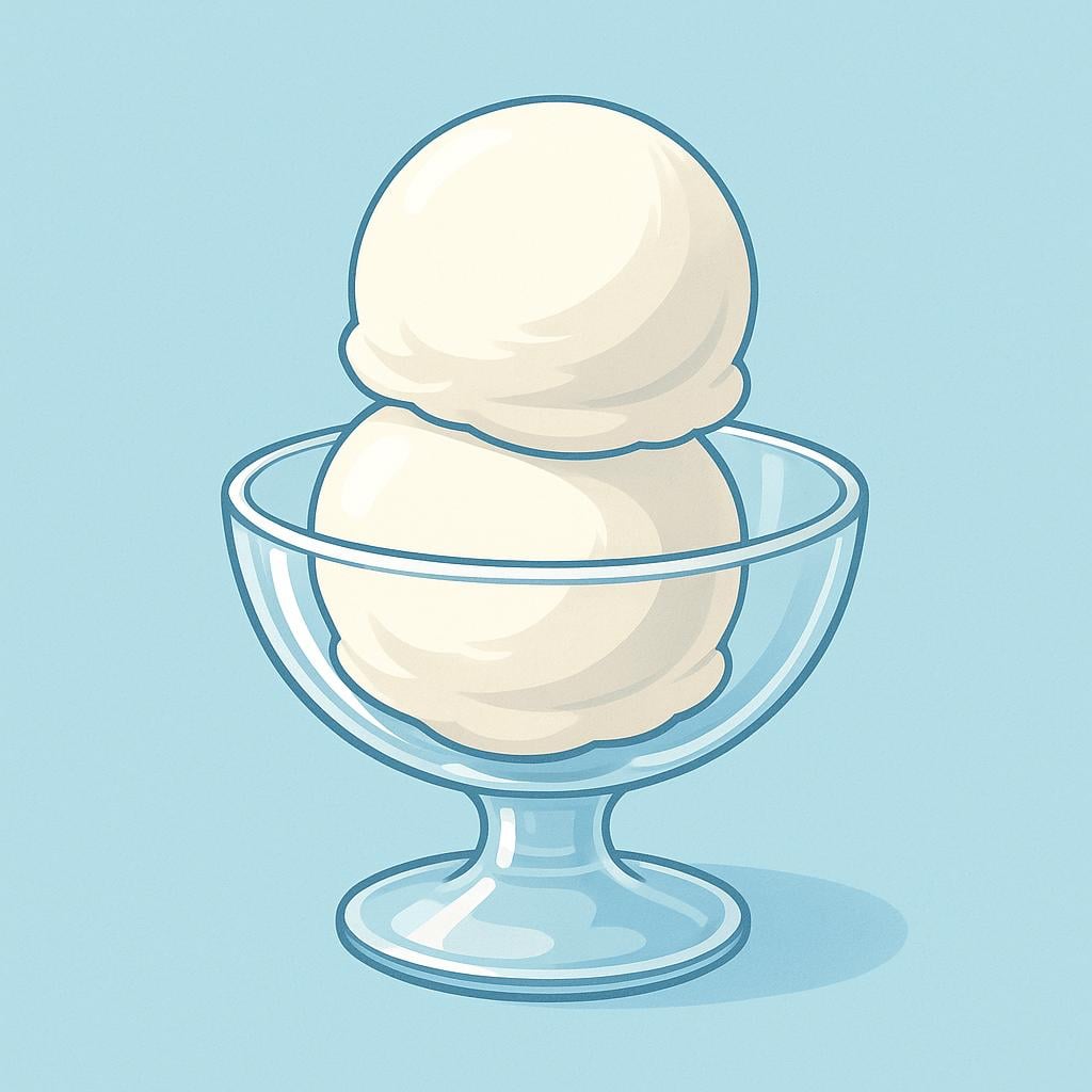A simple glass dessert bowl containing two large, perfectly round scoops of vanilla ice cream stacked neatly.