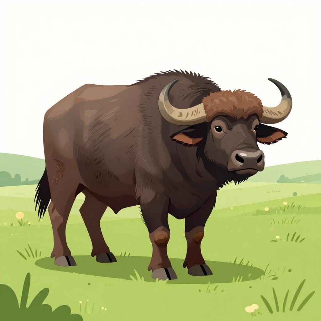 Ein großer, kräftiger Büffel, der auf einer grasbewachsenen Ebene steht.