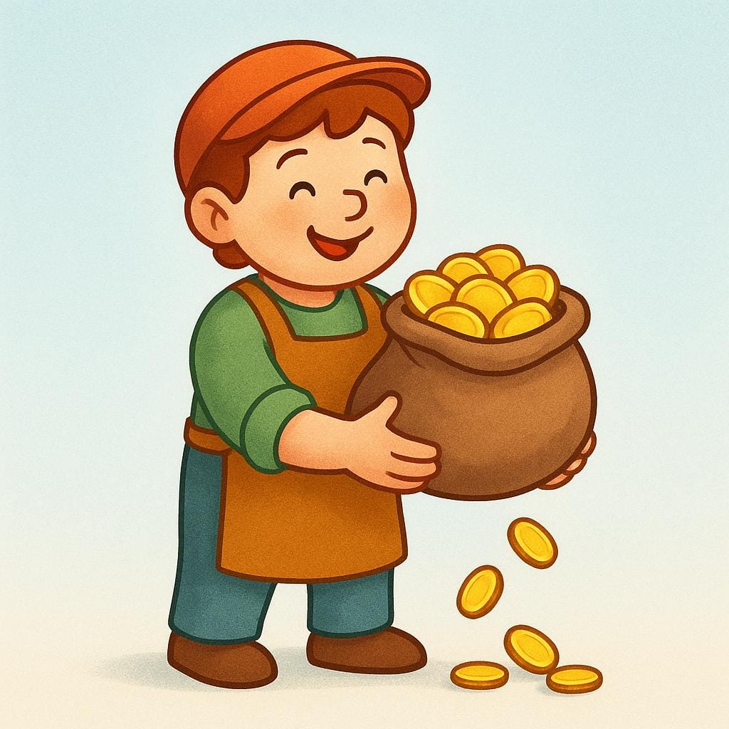Une personne joyeuse portant une tenue de travail tenant une pochette débordant de pièces d'or, symbolisant le revenu gagné.