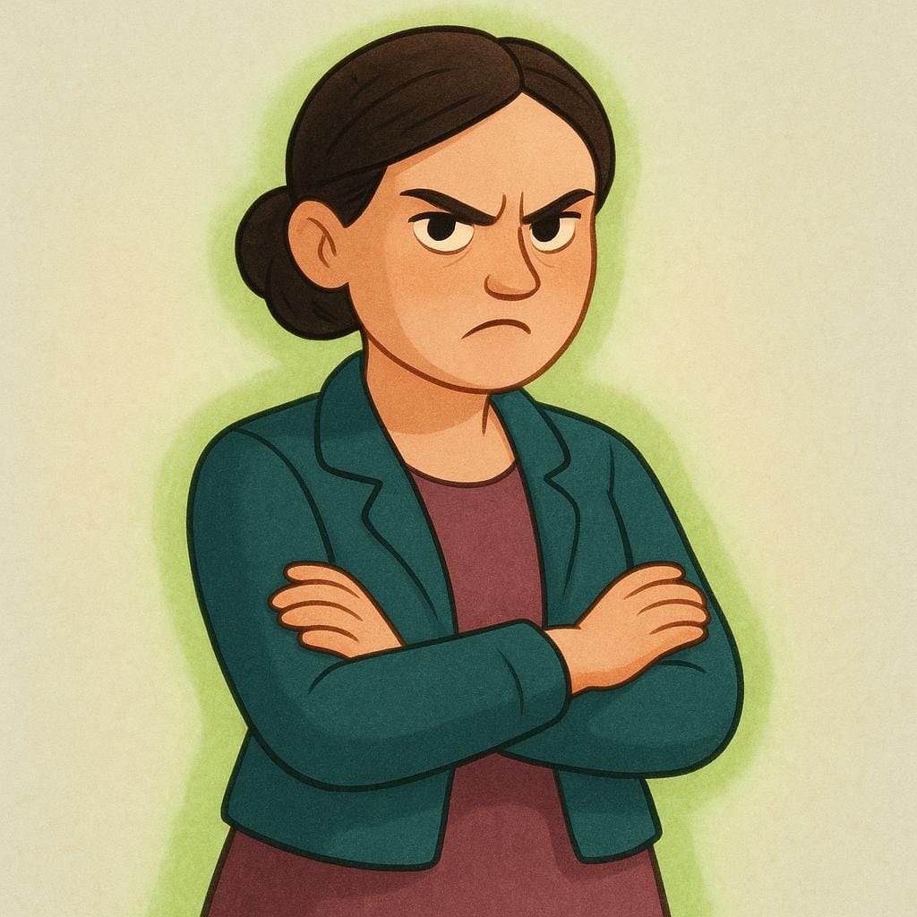 Uma simples ilustração de livro de histórias de uma mulher severa parada com os braços firmemente cruzados. Ela lança um olhar intenso e é cercada por um brilho verde fraco e possessivo.