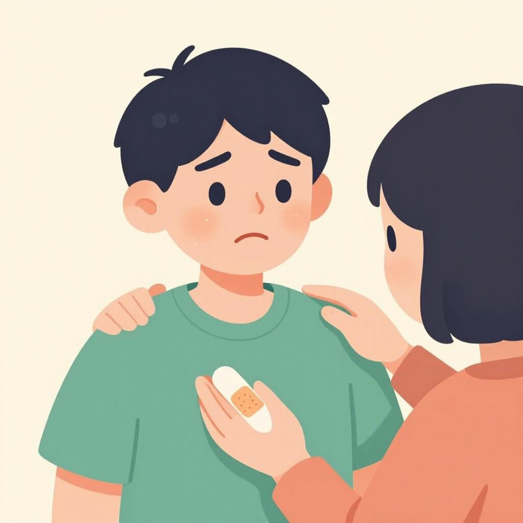 A person offering a bandage to a friend who is crying.