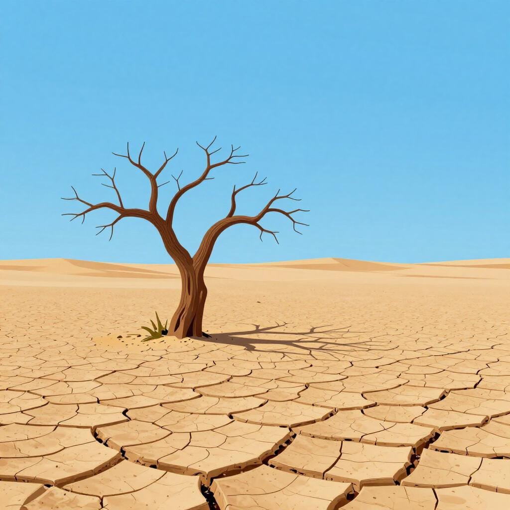 A vast, empty desert landscape with a single cracked, dry tree under a bright sun.