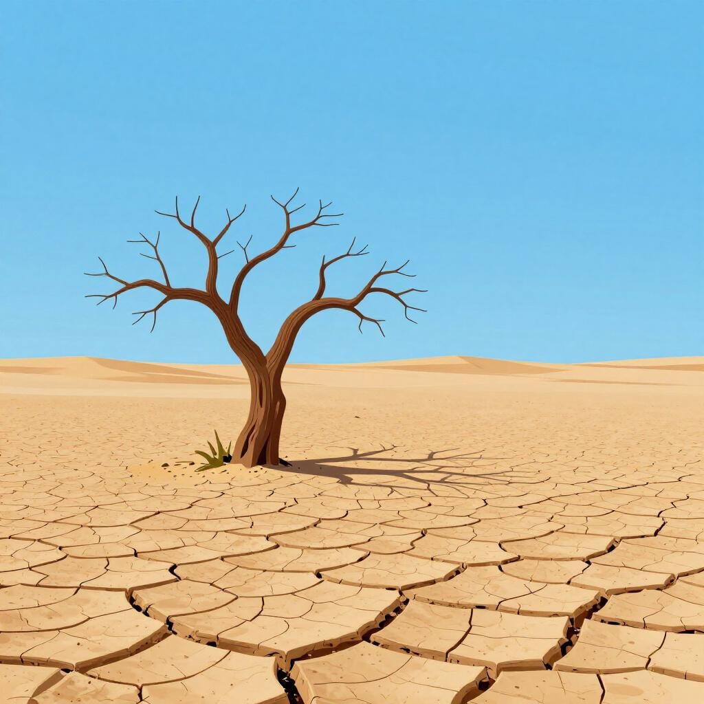 A vast, empty desert landscape with a single cracked, dry tree under a bright sun.